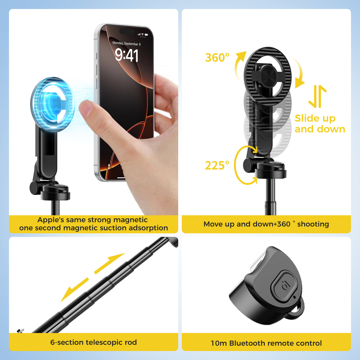 Free shipping,2026 New Upgrated 5-in-1 Magnetic Selfie Stick with Remote for Cell Phone 360° Rotation.Can Transforms into Mini Tripod/Camera Grip/Handheld Stabilizer/Phone Stand