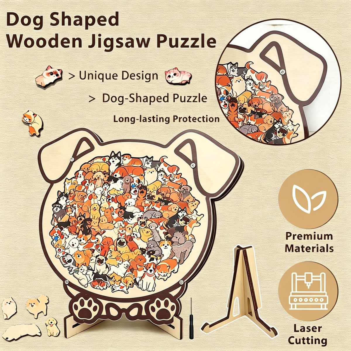 ⚡Limited-time offer⚡Dog Shaped/Cat Shaped Wooden Jigsaw Puzzle, 92-143 Pieces Thick Wood Puzzle with Acrylic Cover & Frame, Colorful Cute Animal Dog Puzzle, Decorative Puzzle Gift for Dog Lovers, Home Wall Decor