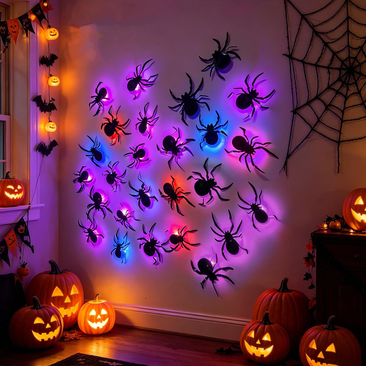 🕷️🦇🎃36-Pack Halloween Bat & Spider Decorations with LED Lights – Indoor Wall Decor for Home, Party & Classroom