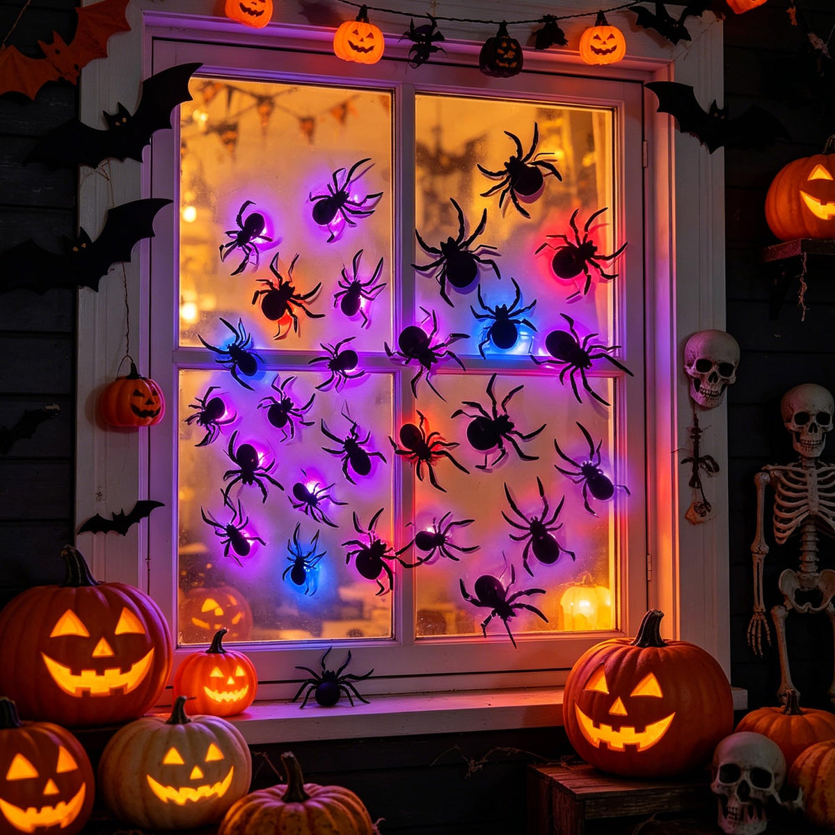 🕷️🦇🎃36-Pack Halloween Bat & Spider Decorations with LED Lights – Indoor Wall Decor for Home, Party & Classroom