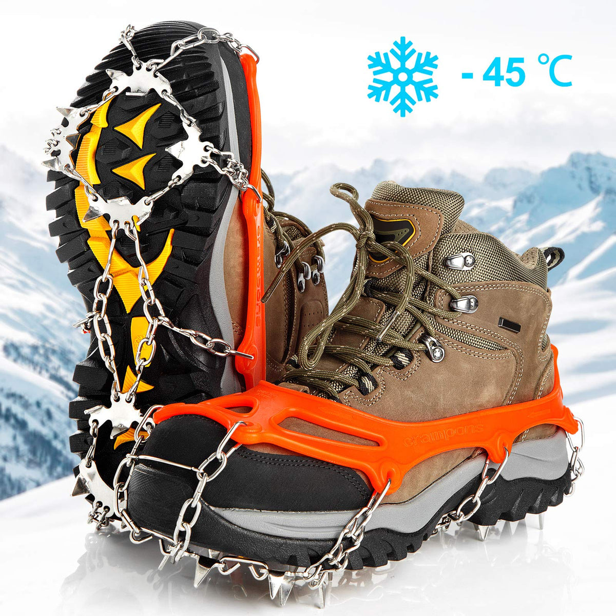 Crampons Ice Cleats Traction Snow Grips for Boots Shoes Women Men Anti Slip 19 Stainless Steel Spikes Safe Protect for Hiking Fishing Walking Climbing Mountaineering