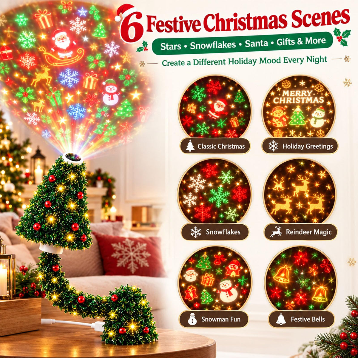 Christmas Projector Lights Indoor,Plug And Play HD Christmas Tree Projector Christmas Tree Design Plug In Night Light, Ceiling Projector Indoor With 6 Festive Scenes, Flexible Tree Light For Xmas Decor