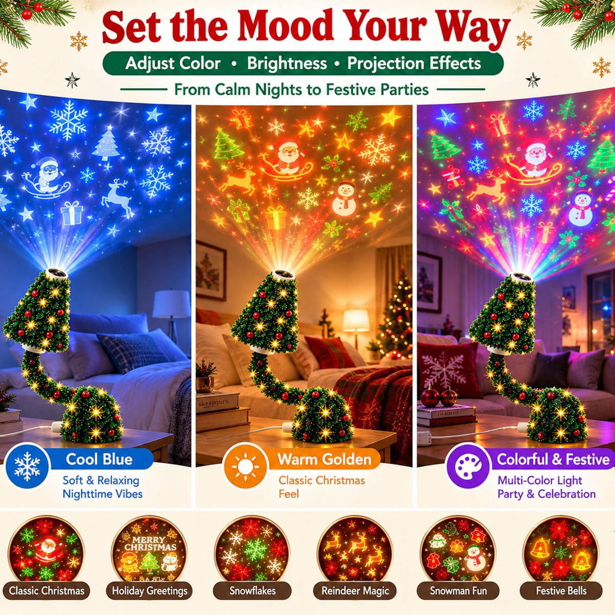Christmas Projector Lights Indoor,Plug And Play HD Christmas Tree Projector Christmas Tree Design Plug In Night Light, Ceiling Projector Indoor With 6 Festive Scenes, Flexible Tree Light For Xmas Decor